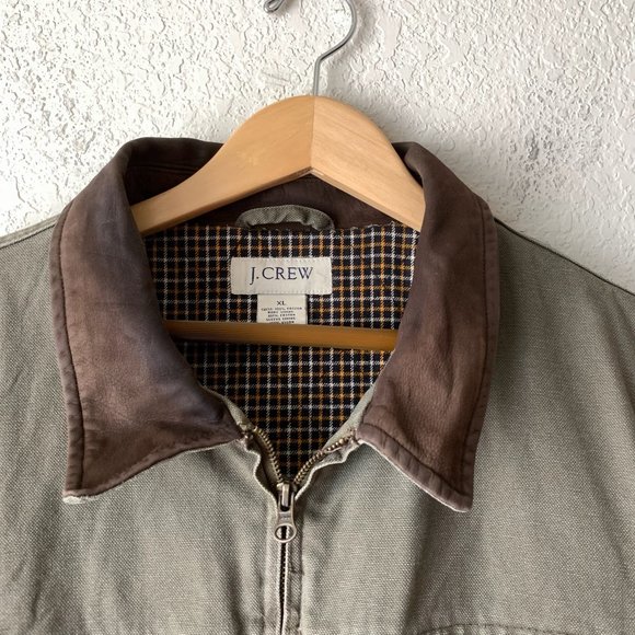 J. CREW Men's Canvas Full Zip Jacket Brown Genuine Leather Collar - Picture 3 of 9
